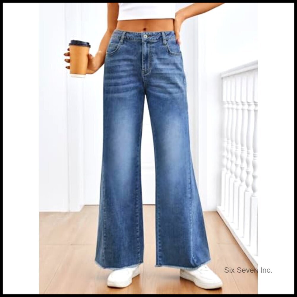 Wide Leg Jeans Relaxed Loose Straight Leg Raw Hem Comfort Denim Pants - Picture 6 of 6